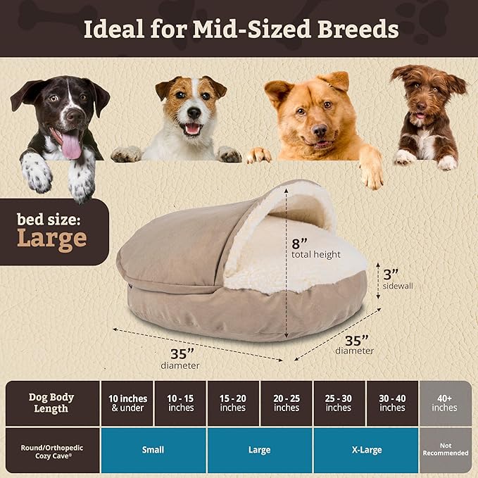 Snoozer Luxury Cozy Cave Dog Bed - Indoor Dog Bed with Cover Cave, Covered Calming Burrow for Small & Medium Sized Pets with Blanket Attached, Enclosed, Washable - Large, Buckskin