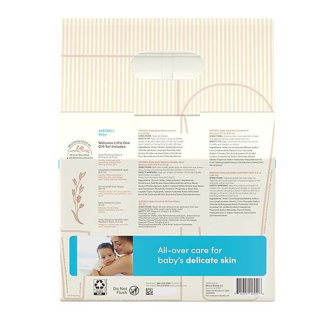 Aveeno Baby Welcome Little One Gift Set, Baby Skincare Set with Nourishing Baby Body Wash & Shampoo, Calming Bath Wash, All Over Baby Wipes, Daily Moisturizing Lotion, & Baby Balm, 5 Items