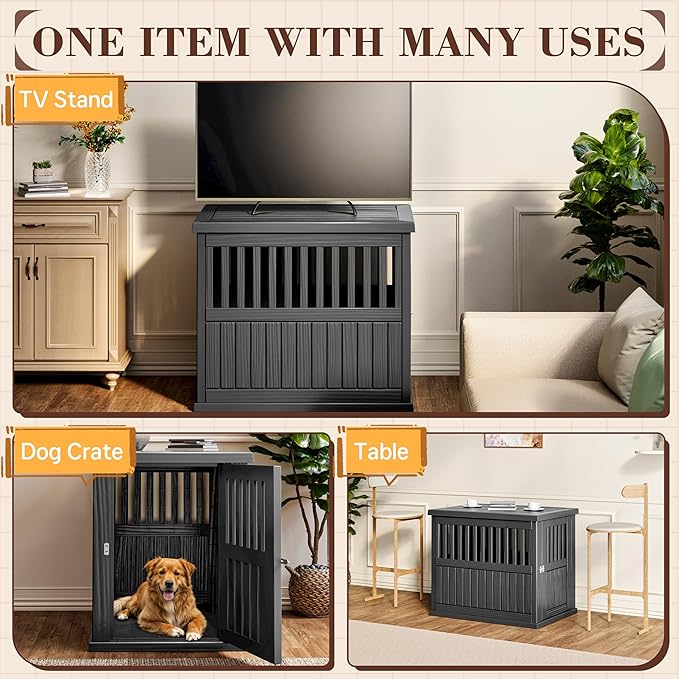 Fancyango 40-Inch Heavy Duty Dog Crate Furniture Lockable Indoor Outdoor Kennel & End Table for Small/Large Dogs Decorative Plastic Pet Cage in Black