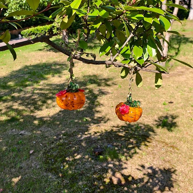Small Glass Hummingbird Feeders for Outdoors Hanging - 2PC X Orange Yellow Hand Blown Glass Pumpkin Nectar Feeding, 2 Flowers Feeding Ports, Decor for Garden/Backyard Outside