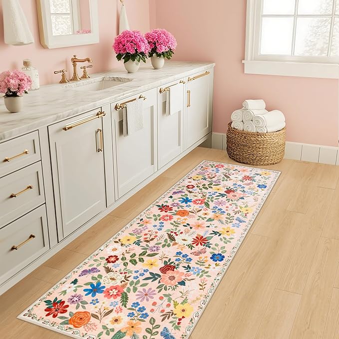 Runner Rug for Entryway: 2x6 Kitchen Rugs Non Slip Washable Ultra-Thin Soft Floral Carpet Indoor Floor Stain Resistant Carpets for Hallway Bedroom Kitchen Laundry Bathroom Dorm Beige