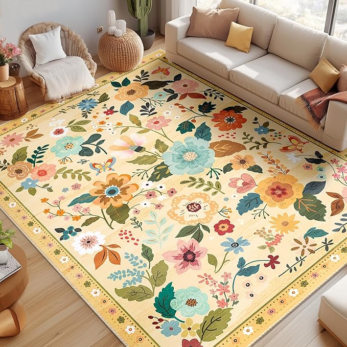 Floral 9x12 Area Rug Machine Washable Soft Print Boho Carpet Non Slip Doormat Low Pile Flower Area Rugs for Living Room Bedroom Nursery Kitchen Dining Room Indoor-Ivory/Yellow