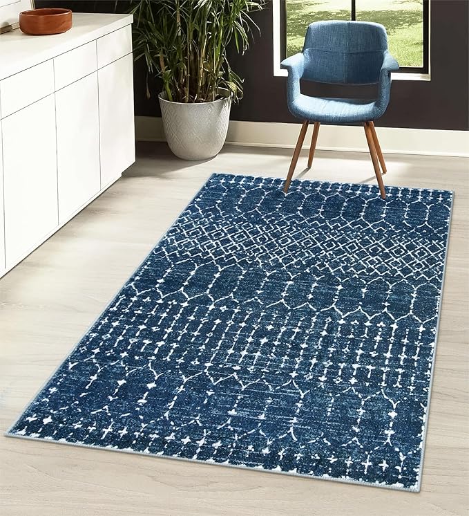 Lahome Moroccan Blue 3x5 Non-Slip Washable Soft Rug