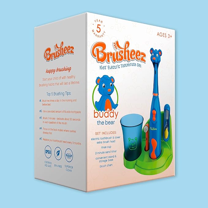 Brusheez Kids’ Electric Toothbrush Set - Safe & Effective for Ages 3+ - Parent Tested & Approved with Gentle Bristles, 2 Brush Heads, Rinse Cup, 2-Minute Timer, & Storage Base (Buddy The Bear)