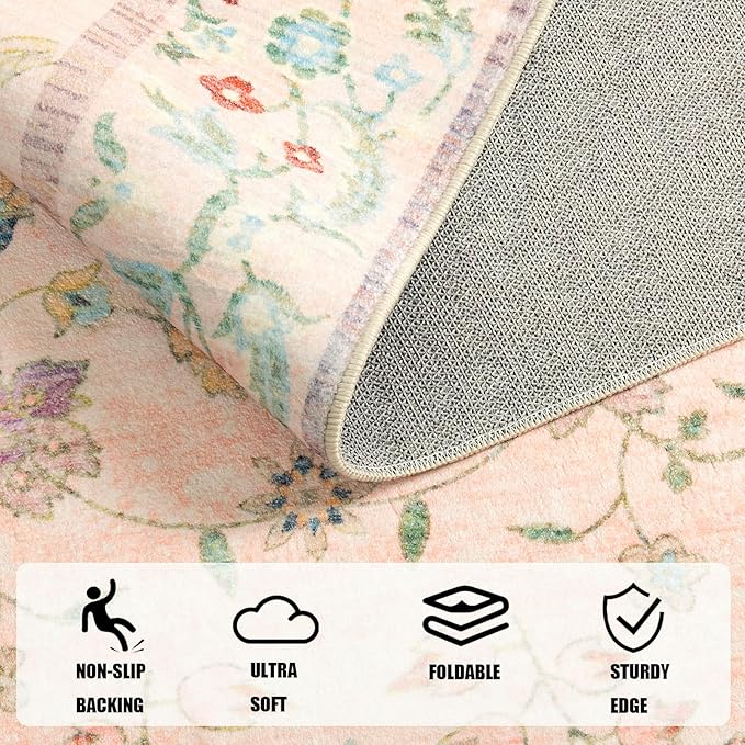 LOCHAS Washable Area Rugs 8x10, Pink Floral Rug for Living Room Bedroom Non Slip, Ultra Soft Vintage Indoor Carpet for Kids, Nursery, Dorm, Dining Room, Classroom, Boho Flower Home Decor, Low-Pile
