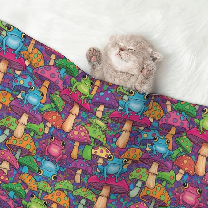 Reversible Plush Dot Pet Blanket for Dogs and Cats, Watercolor Frogs Trippy Mushroom Cartoon, Ultra Soft Two Sided Design with Warm Fuzzy Side and Smooth Side for Comfort