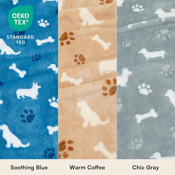 Luciphia 1 Pack 3 Blankets, Cute Dog Printed Fluffy Fleece Pet Blanket for Dogs Cats Washable, Warm Soft Throw Cover for Crate Couch, Gifts Puppy Essentials, Blue/Grey/Khaki, Small (23x16 inch)