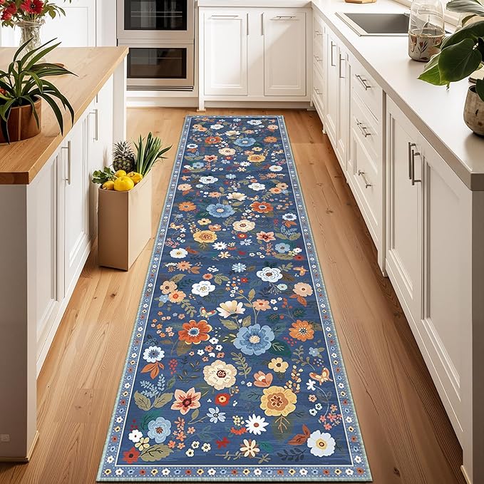 Floral 2x8 Area Rug Machine Washable Soft Print Boho Carpet Non Slip Doormat Low Pile Flower Area Rugs for Living Room Bedroom Nursery Kitchen Dining Room Indoor-Blue/Grey