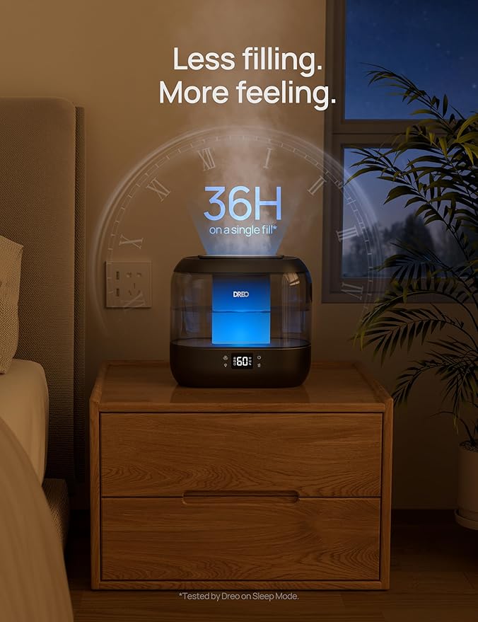 Dreo Humidifiers for Bedroom, Top Fill 4L Smart Cool Mist Humidifier with Oil Diffuser, Cartridge, Nightlight, 36H Runtime, Quiet Ultrasonic Humidifiers for Home, Baby Nursery, Plants, Office, HM311S