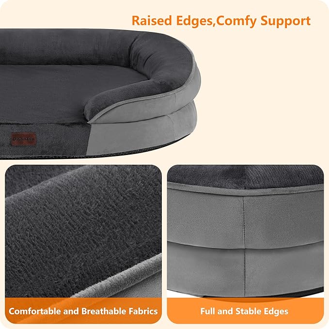 Dwanton Orthopedic Dog Bed for Large Dogs with Gel Memory Foam, Waterproof Dog Sofa, Washable Pet Bed with Four Sided Bolster Cushion, Removable Cover & Non-Slip Bottom, 38", Dark Gray