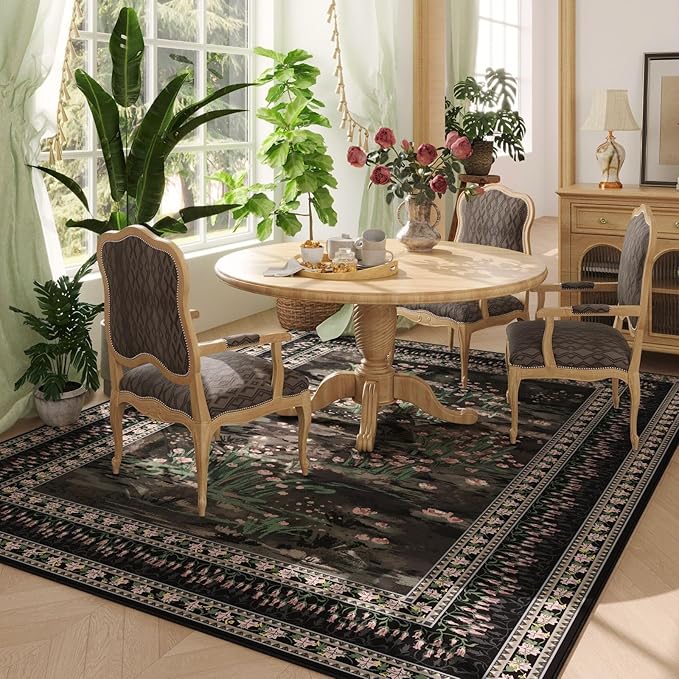 Area Rugs 8x10 Clearance Impressionist-Style Vintage Washable Area Rug Non Slip Low Pile Large Rug for Bedroom Farmhouse Dining Room Kids Playroom, Black