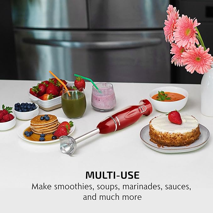 OVENTE Immersion Hand Blender, 300W Electric Handheld Portable Stick Mixer with 2 Mixing Speed and Stainless Steel Blades for Effortless Blending Smoothies, Shakes, Puree or Baby Food, Red HS560R