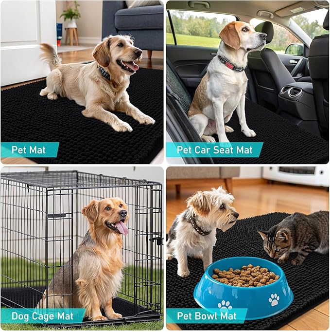 OLANLY Dog Door Mat Set 4-Piece 30x20, Absorbs Moisture and Dirt, Absorbent Non-Slip Washable Doormat, Quick Dry Chenille Mud Mat for Dogs, Entry Indoor Entryway Carpet for Inside Floor, Black