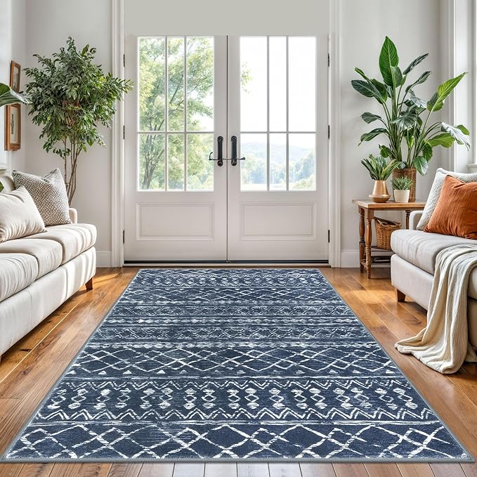 KUTA Area Rug 5x7 Navy Blue, Washable Boho Large Living Room Moroccan Rugs