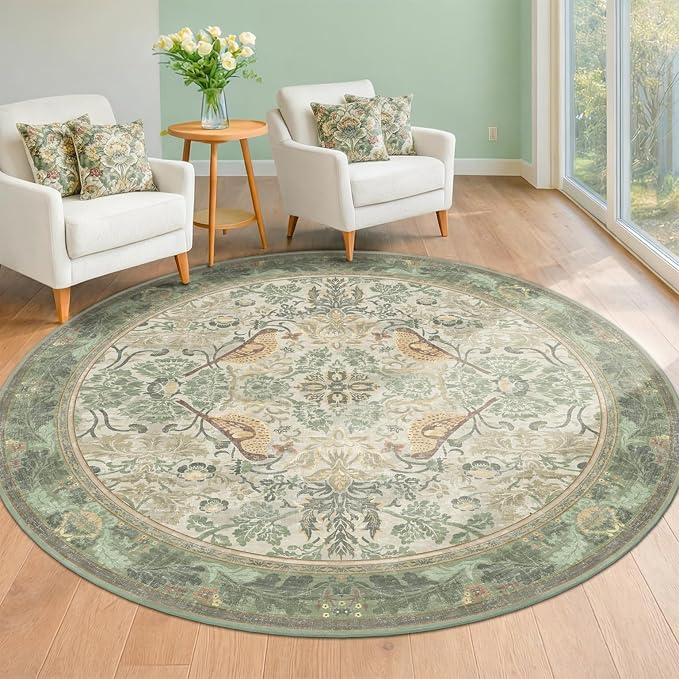 Hazo Haus Vintage Bird Patterned 8ft Area Round Rug