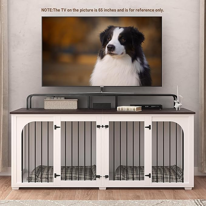 Large Dog Kennel Furniture for 2 Dogs,74.8'' XXL Wooden Double Dog Crates Cage Furniture Style with Divider for Large Breed with Storage Rack Shelf TV Stand Table Indoor,White