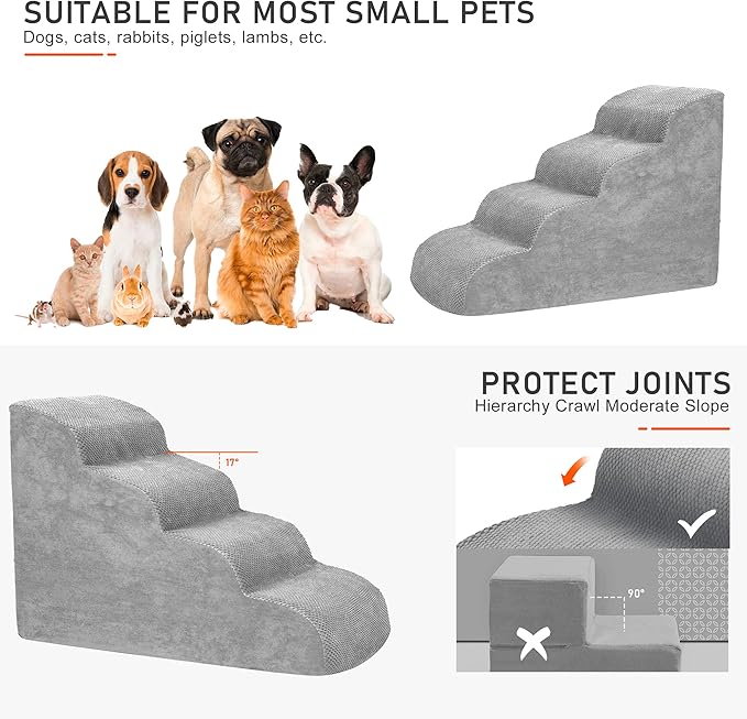 Dog Stairs for Small Dogs, High Density Foam Dog Steps, Extra Wide Non-Slip Pet Ramp for High Beds Or Couch, Soft Doggie Ladder for Dogs Injured, Older Pets, Small Cats (Fleece-Gray, 4 Steps)