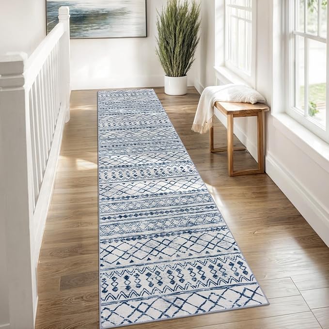 KUTA Moroccan Washable Hallway Runner Rug, 2x8 Non-Slip Vintage Blue White Boho