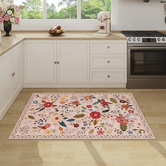 3x5 Area Rug, Floral Pink Washable Rug for Entryway, Non Slip Flower Area Rugs, Soft Low Pile Indoor Doormat Small Carpet, Rugs for Living Room Bedroom Nursery Kitchen Dining Room, Pink/Beige