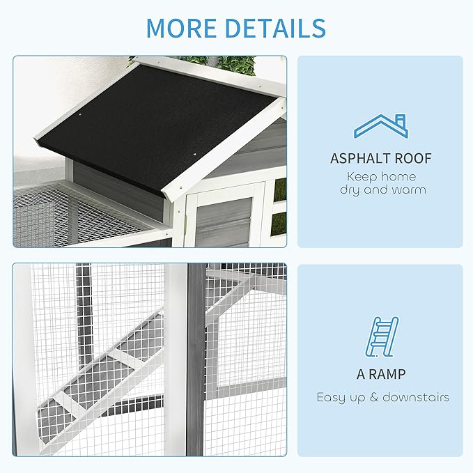 PawHut 48" Wooden Rabbit Hutch Bunny Cage with Waterproof Asphalt Roof, Fun Outdoor Run, Removable Tray and Ramp, Grey