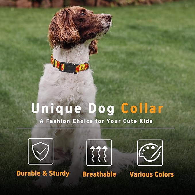 Dog Collar, Floral Boys Girls Puppy Collar for Small Medium Large Dogs, Adjustable Soft Pet Collar with Safety Buckle for Male Females (Red Sunflower, XL)