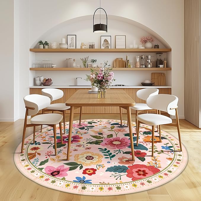 Floral 8ft Area Rug Machine Washable Soft Print Boho Carpet Non Slip Doormat Low Pile Flower Area Rugs for Living Room Bedroom Nursery Kitchen Dining Room Indoor-Pink