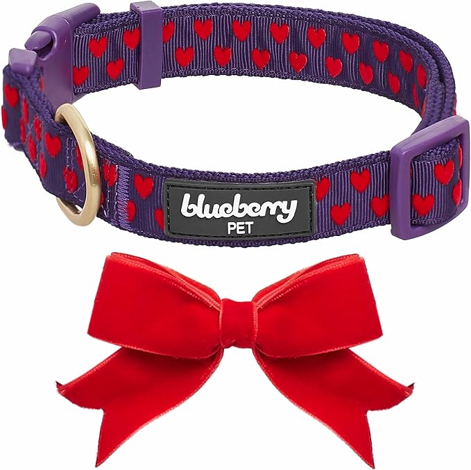 Blueberry Pet Adjustable Flocking Dog Collar with Detachable Velvety Bowtie - Heart in Gothic Grape, Small, Neck 12"-16"