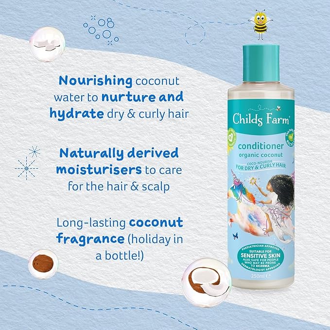 Childs Farm, Kids Coco-Nourish Leave in Conditioner, Organic Coconut ,Curly & Coily Hair, Conditions & Nourishes, Suitable for Dry, Sensitive & Eczema-Prone Skin & Scalp, 4.2 Fl Oz