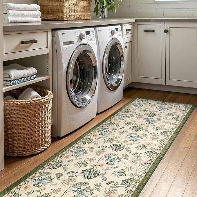 jinchan 3x10 Floral Runner Rug for Hallway Washable Kitchen Runner Vintage Romance Design Non Slip Thin Indoor Floor Cover Low-Profile Throw Carpet for Entryway Bathroom Bedroom Porch, Green/Beige