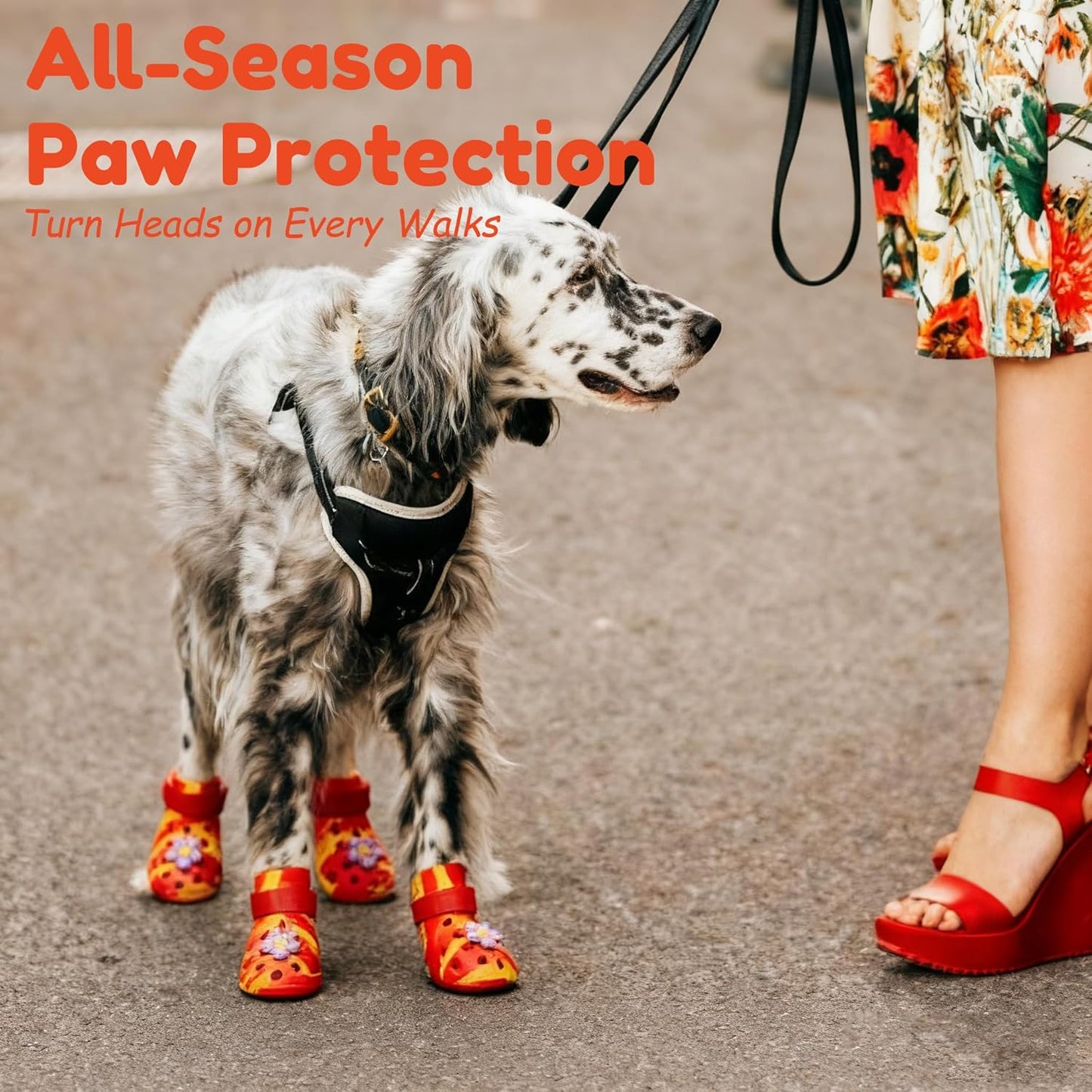 Dog Shoes for Hot Pavement and Snow, Silicone Dog Booties for Small Medium Large Dogs, Waterproof Paw Protectors- Non-Slip, Adjustable Straps, Dog Boots for Beach/Rain/Hiking (Yellow Red, L)