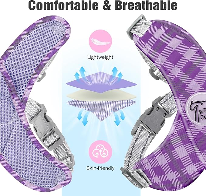 Pawaboo Small Dog Harness and Leash Set, Puppy Harness X-Frame No Pull No Choke, Dog Vest Harness Adjustable for Small Medium Sized Dogs,Soft Breathable Pet Harness for Walking Outing, M, Purple Plaid