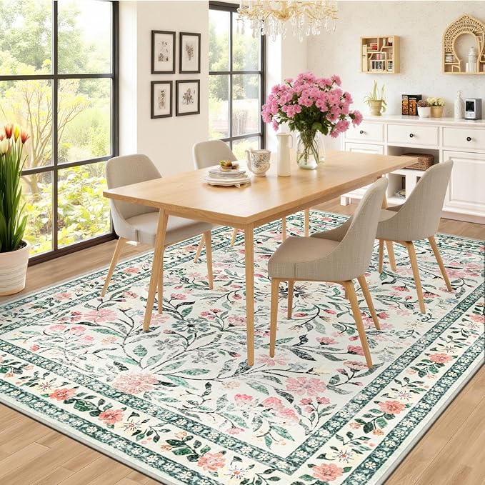 8x10 Area Rugs for Living Room: Floral Washable Rug Vintage Large Soft Boho Non-Slip Carpet Indoor Stain Resistant Low Pile Carpets for Bedroom Dining Room Farmhouse Nursery Home Office Green Beige