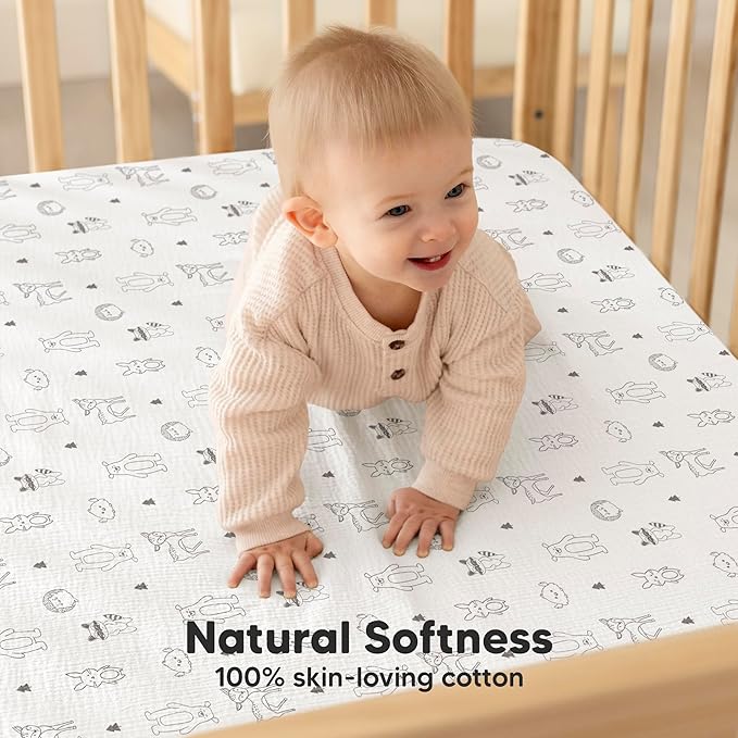 KeaBabies 2-Pack Muslin Crib Sheets for Boys, Girls - 100% Organic Cotton Fitted Baby Crib Mattress Sheet, Soft Breathable Standard Toddler Bed Cover Bedding Set, Neutral, Durable 52x28 (Woodland)