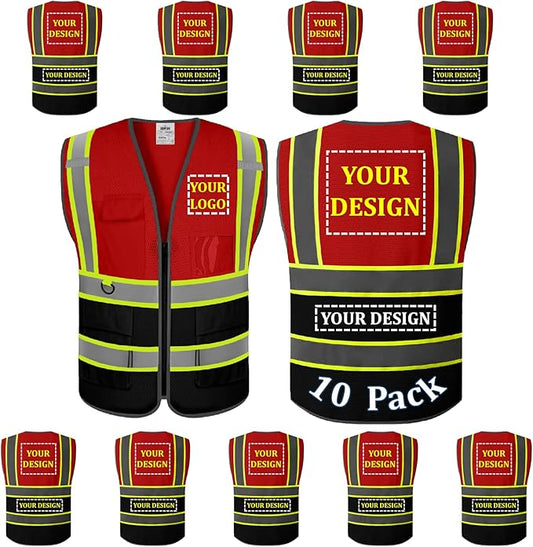 10 Pack Custom Safety Vest Customized Logo Mesh Vest Class 2 High Visibility Reflective Vest with Pockets Workwear（Red Black，XL ）