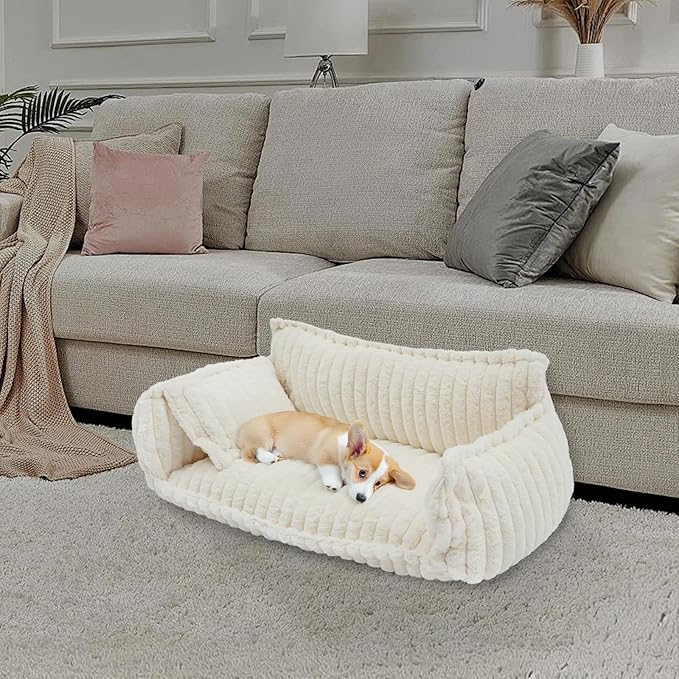 Pet Couch Calming Bed, Pet Couch with Removable Washable Cover, Plush Pets Sofa for Indoor Use, Supportive Orthopedic Dog Bed (White)
