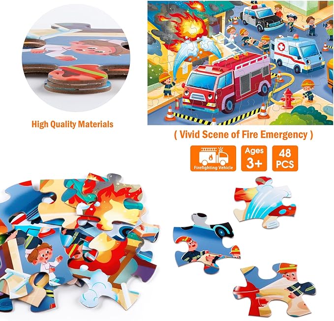 Jumbo Floor Puzzle for Kids,Fire Rescue Jigsaw Large Puzzles,48 Piece Firefighter Fireman Fire Truck Puzzle for Toddler Ages 3-5,Children Learning Preschool Educational Toys,Gift for 4-8 Years Old