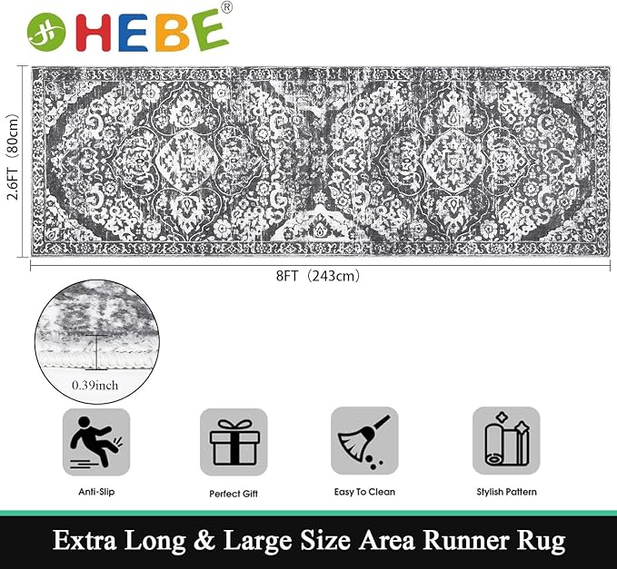 HEBE Hallway Runner Rug 2'8''x8' Washable Vintage Distressed Area Rugs Non Slip