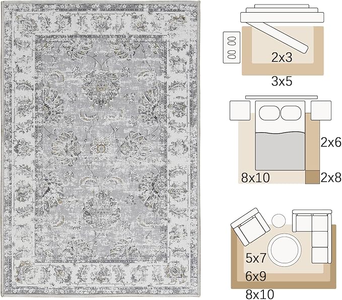 jinchan Vintage Floral 6x9 Area Rugs for Living Room - Machine Washable Distressed Design Stain Resistant Boho Carpet Ultra-Thin Low Pile Non-Slip Rug for Bedroom Dining Room Home Office (6‘x9',Grey)