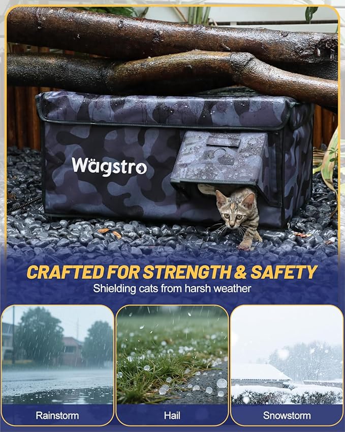 Heated Cat House for Outside, Waterproof Awning & Escape Door Heated Cat Houses for Indoor/Outdoor Cats in Winter, Elevated & Insulated Outdoor Cat Shelter for Feral Cat(Black Camo, 25.2"x16.5"x13")