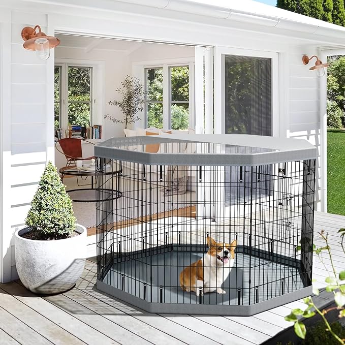 PJYuCien Dog Playpen with Top Cover and Bottom Pad - Metal Foldable Exercise Pen, 8 Panels 42" H x 24" W Indoor Outdoor Pet Fence Puppy Crate Kennel, Gray