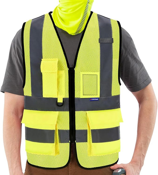 A-SAFETY High Visibility Mesh Safety Reflective Vest with Pockets and Zipper,Hi Vis Viz Reflective Safety Vest(Yellow Mesh S)