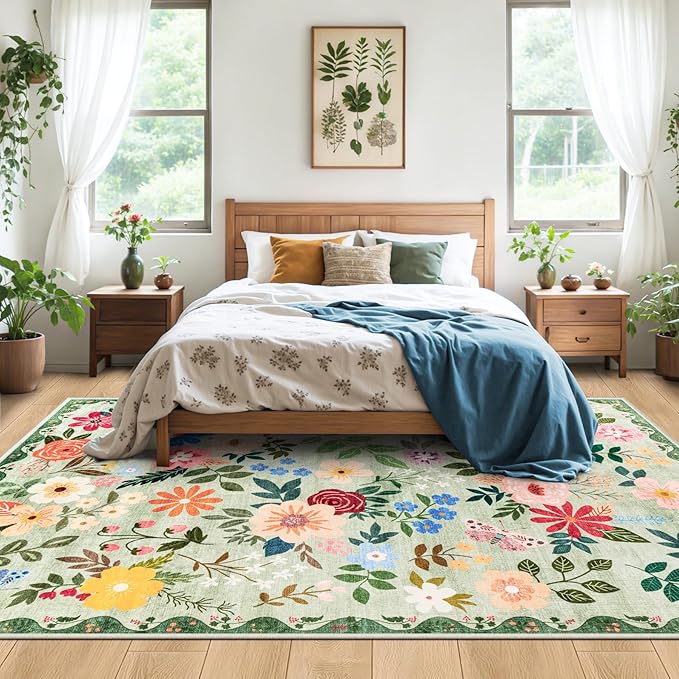 Area Rugs 9x12 Living Room: Floral Washable Rug Vintage Large Soft Boho Non-Slip Carpet Indoor Stain Resistant Low Pile Carpets for Bedroom Dining Room Farmhouse Nursery Hallway Home Office Green
