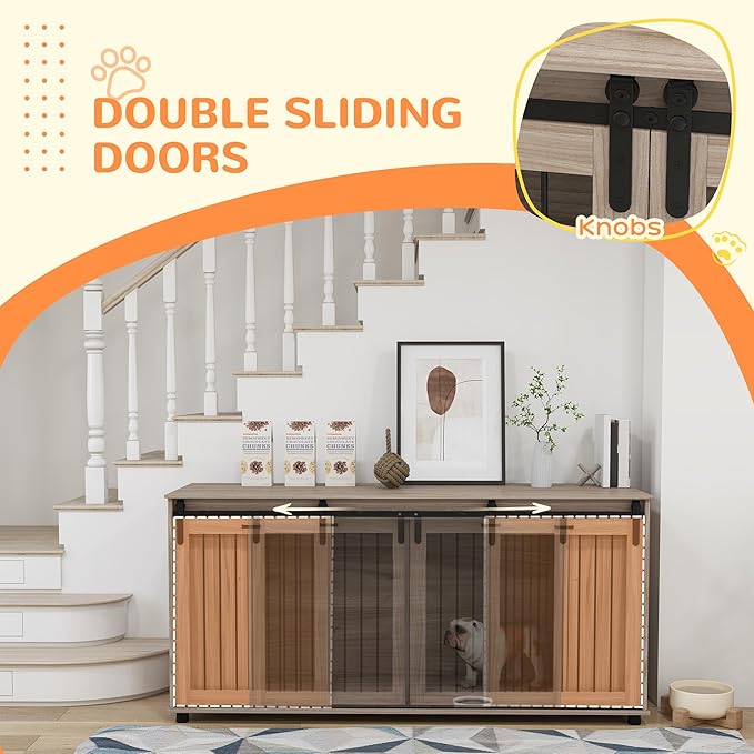 PawHut Dog Crate Furniture with Removable Divider for 2 Small Dogs or 1 Large Dog, 71" Modern Kennel Furniture End Table with Storage, Double Doors, Walnut