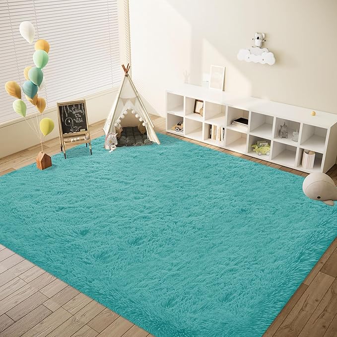 6x9 Area Rug for Living Room: Fluffy Shag Soft Washable Rugs Large Fuzzy Plush Indoor Carpet for Bedroom Nursery Playroom Kids Girls Boys Room (Teal Blue, 6'x9')
