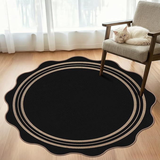 Scalloped Round Entryway Rug 4ft, Indoor Outdoor Patio Rug Washable Farmhouse