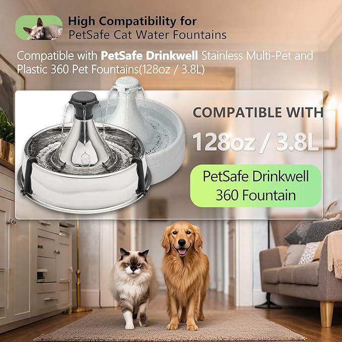 8+8 Pack Premium Cat and Dog Water Fountain Charcoal Filters Compatible with PetSafe Drinkwell 360 Multi-Pet Stainless Steel & Plastic Pet Fountains(128oz/3.8L) with Replacement Foam Filter