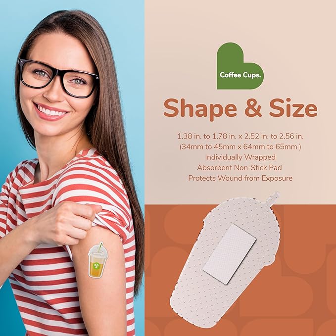 BioSwiss Bandages, Coffee Cup Shaped Self Adhesive Bandage, Latex Free Sterile Wound Care, Fun First Aid Kit Supplies for Kids, 24 Count