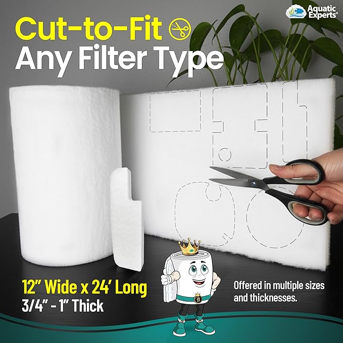 Aquatic Experts Aquarium Filter Floss for Fish Tank Filters - FilterFirst Aquarium Filter Pad - Media Roll for Crystal Clear Water, 3/4" - 1" Thick (12 Inch Wide, 24 Feet Long)