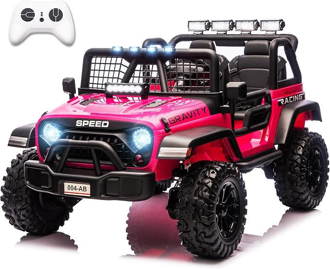 Sopbost 24V 7Ah 2 Seater Ride On Truck Ride On Toy for Big Kids Ride On Car with Remote Control Off-Road Electric Car with Shock Absorber, LED Lights, Bluetooth Music Player, EVA Tires, Pink