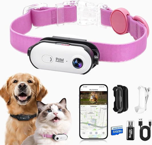 4K UHD Dog& Cat Pet Camera Collar, Video Recorder with Phone App View, Outdoor & Indoor POV Action Cam for Small and Medium-Size Dogs(White - Pink Waterproof Collar - M, 64g)